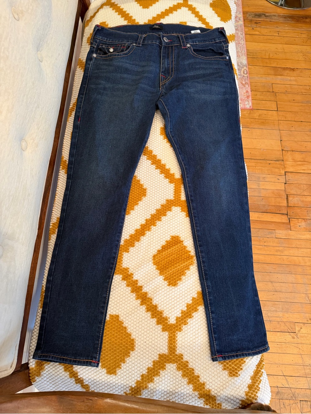 True Religion Indigo Blue Jeans with Red & Tan stitching (relaxed skinny)